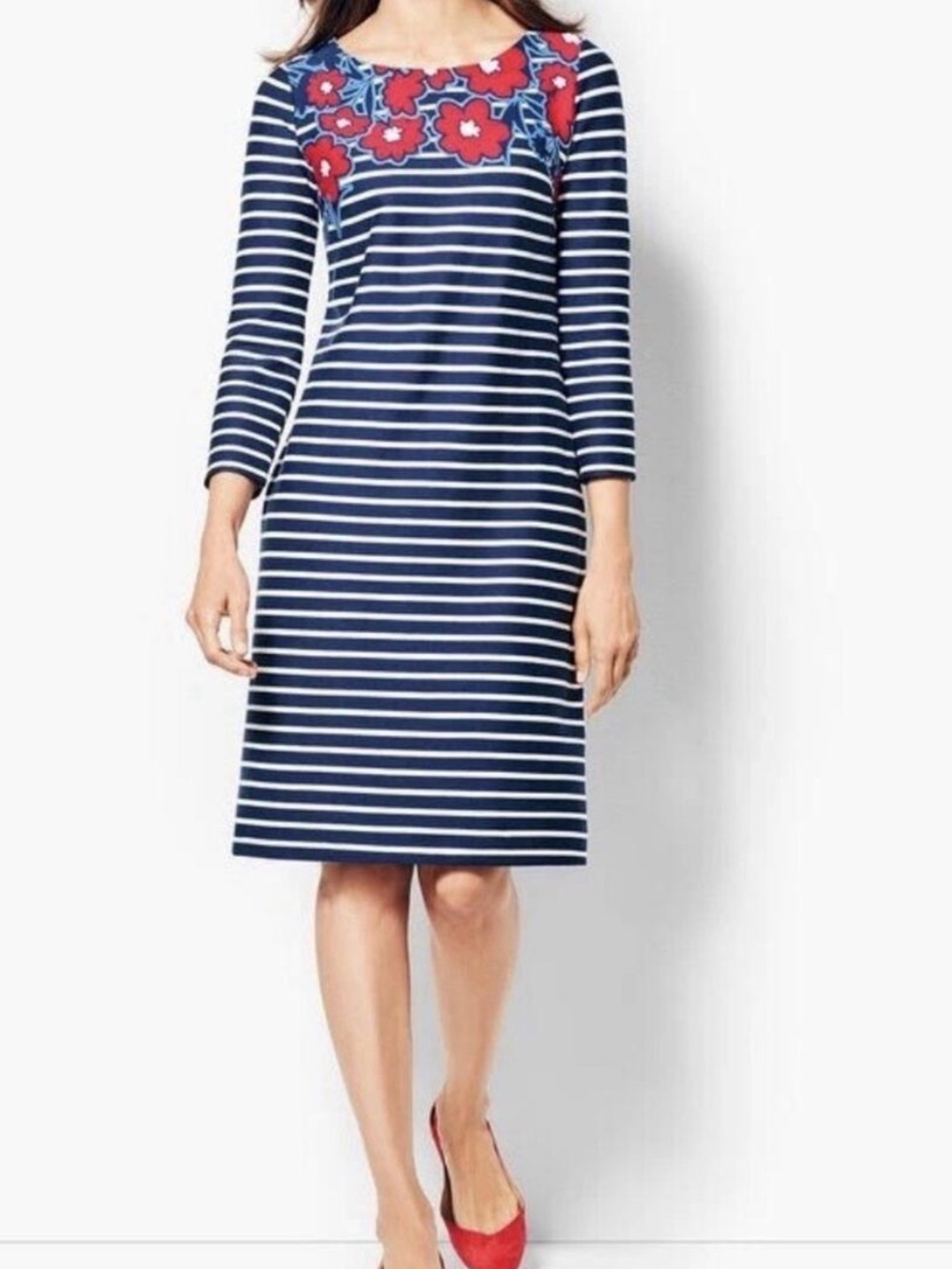 Talbots Navy and White Striped Dress with Red Floral Yoke